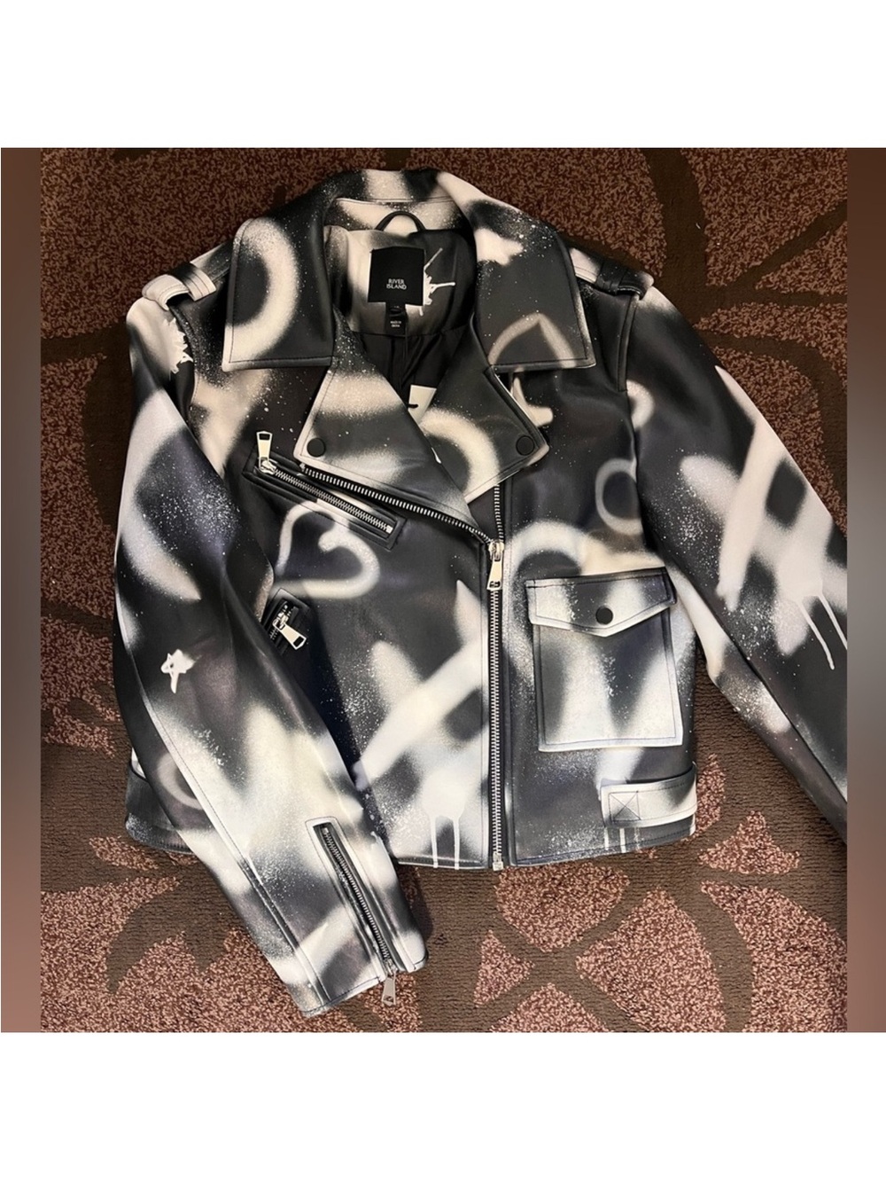 River Island Black & White Graffiti Leather Biker Jacket